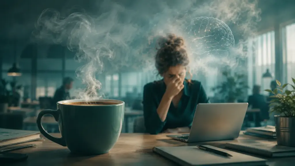 Eine große Tasse Kaffee und eine Frau im Büro unter Stress im Hintergrund symbolisiert Brain Fog