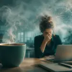 Eine große Tasse Kaffee und eine Frau im Büro unter Stress im Hintergrund symbolisiert Brain Fog