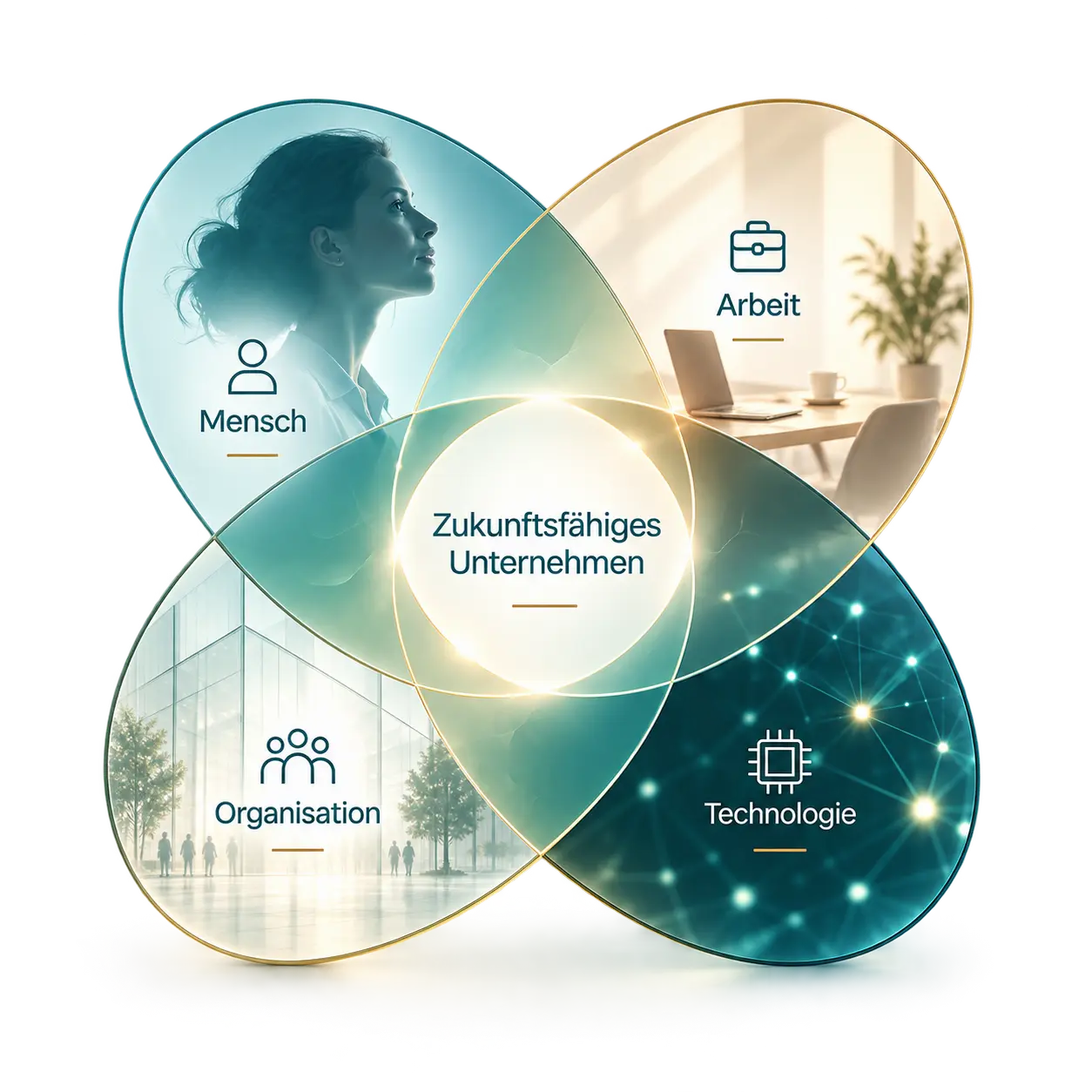 Visual zum Zusammenspiel von Mensch, Arbeit, Organisation und Technologie mit dem Zentrum Zukunftsfähiges Unternehmen.